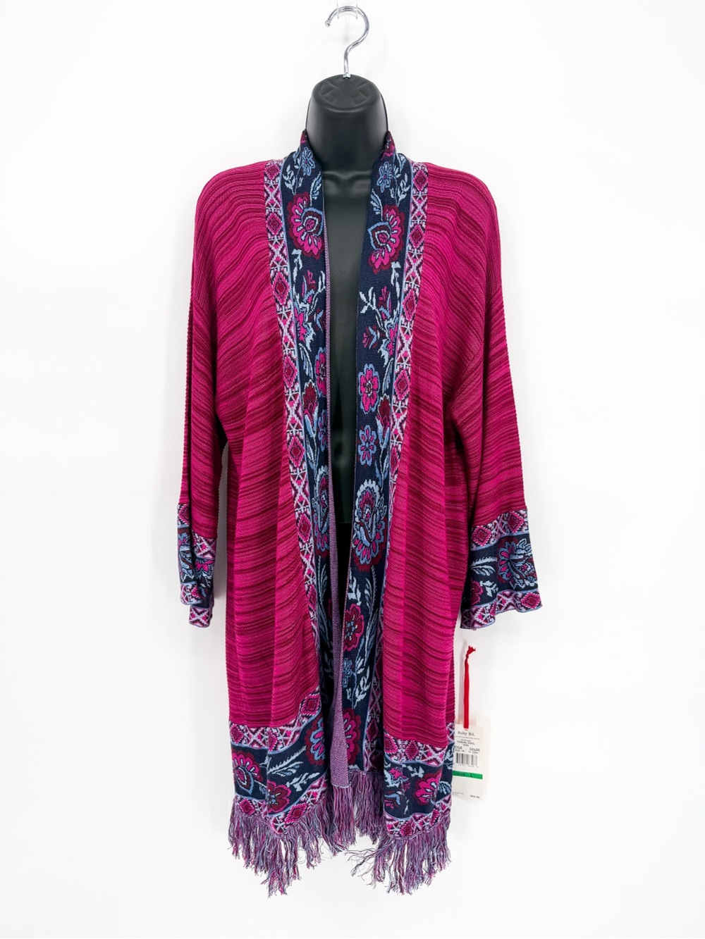 NWT Ruby Rd. Longline Fringe Cardigan Sweater Fuchsia Multi Floral Duster Large